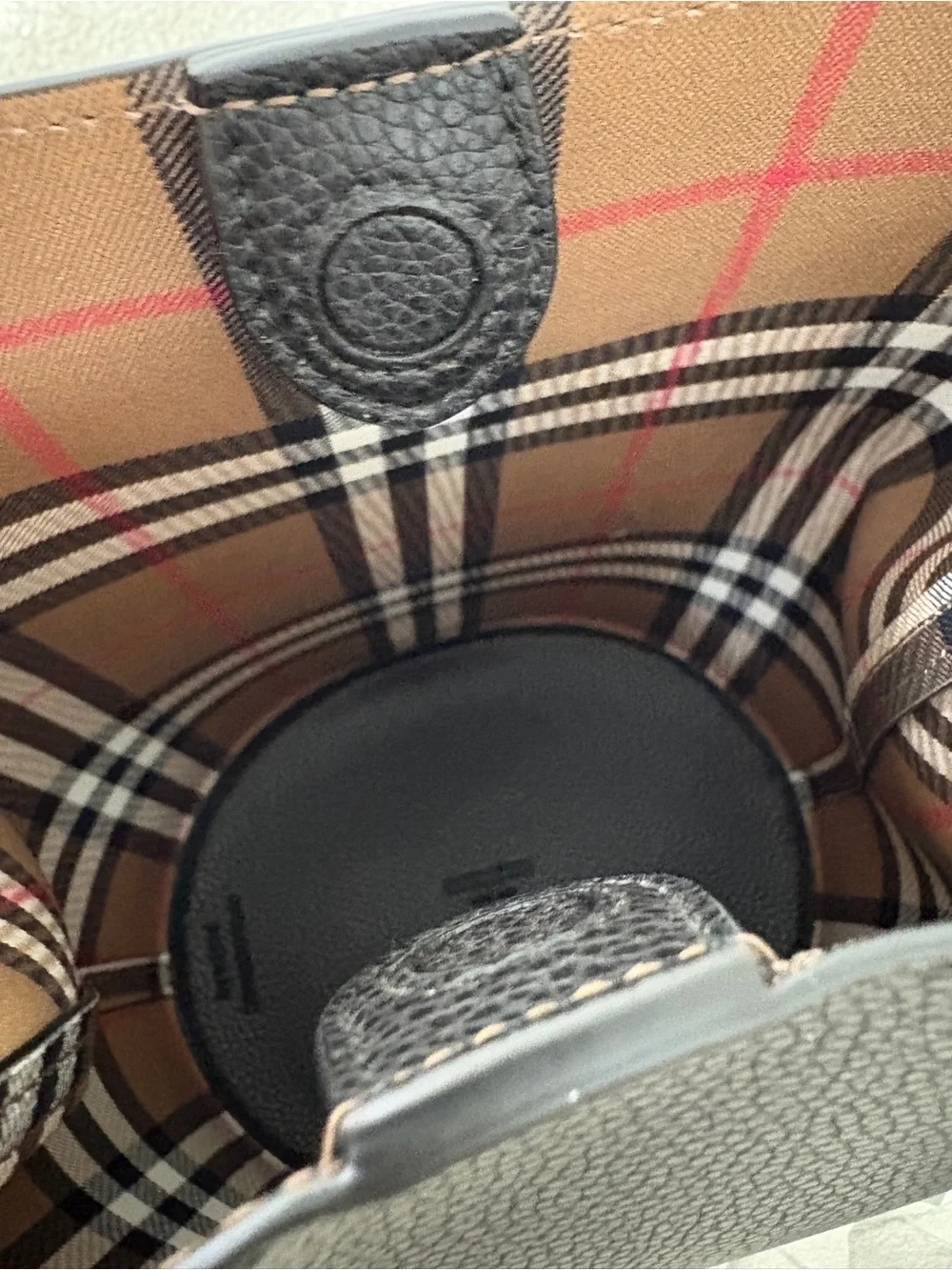 Burberry Black Leather Bucket Bag with Check Strap